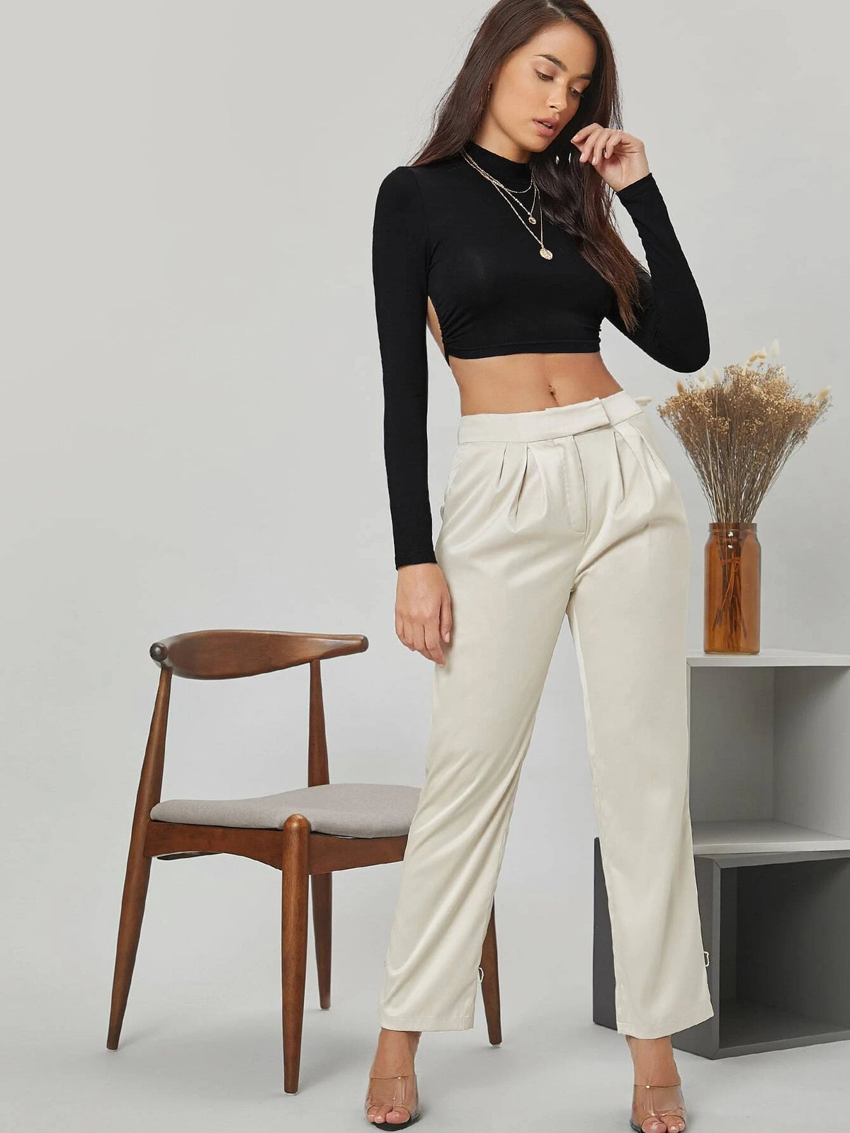Mock-Neck Tied Backless Crop Top