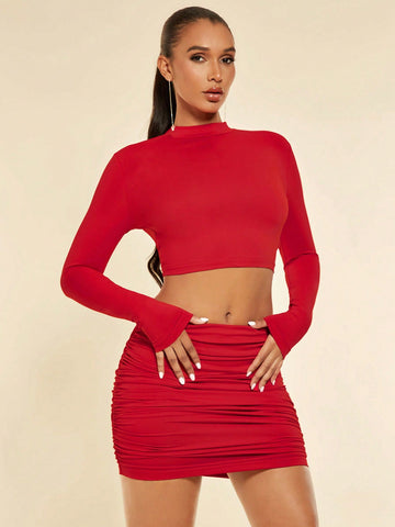 Mock Neck Crop Tee & Ruched Bodycon Skirt