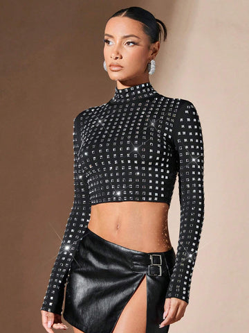 Mock Neck Rhinestone Crop Tee
