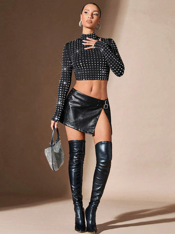 Mock Neck Rhinestone Crop Tee