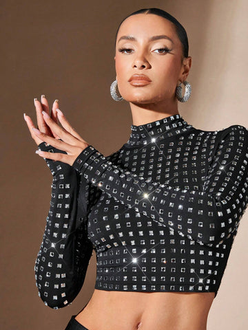 Mock Neck Rhinestone Crop Tee