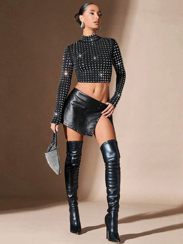 Mock Neck Rhinestone Crop Tee