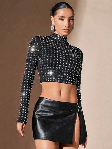 Mock Neck Rhinestone Crop Tee