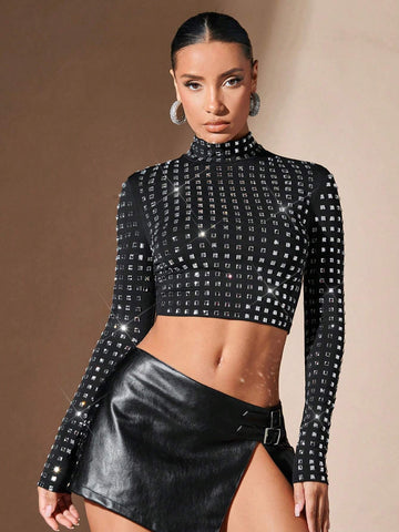 Mock Neck Rhinestone Crop Tee