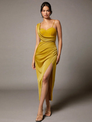 BAE Mustard Yellow Satin Paneled Mesh Bustier High Slit Gathered Pleated Asymmetric Women's Long Dress
