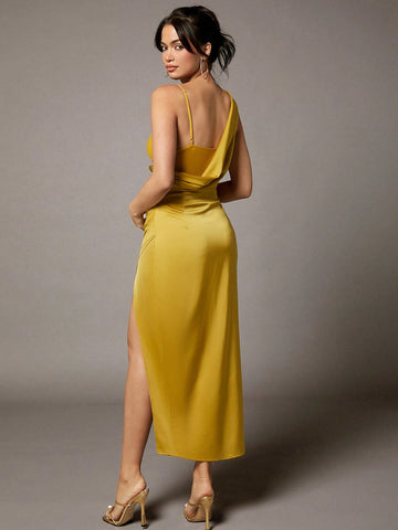 BAE Mustard Yellow Satin Paneled Mesh Bustier High Slit Gathered Pleated Asymmetric Women's Long Dress