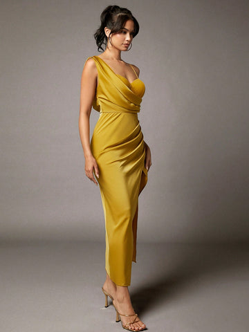 BAE Mustard Yellow Satin Paneled Mesh Bustier High Slit Gathered Pleated Asymmetric Women's Long Dress
