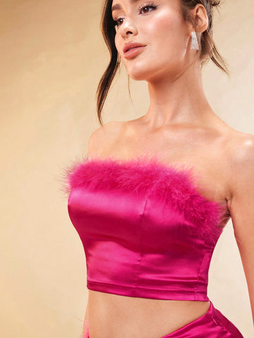 Net Color Pink Party Clubbing Street Date Night Feather Fur Turkey Strapless Top, Asymmetrical Pleated Mini Skirt Set