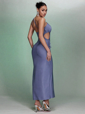 BAE Oblique Shoulder Backless Side Cutout Ruched High Split Maxi Dress