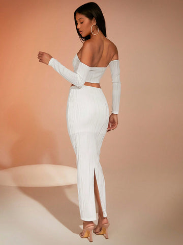 Off Shoulder Asymmetrical Hem Crop Top & Skirt