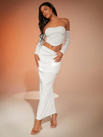 Off Shoulder Asymmetrical Hem Crop Top & Skirt