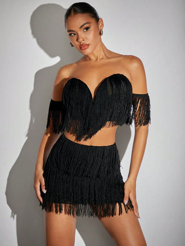 Off Shoulder Fringe Trim Top & Bodycon Skirt
