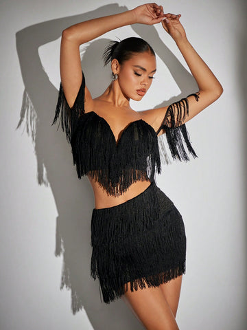 Off Shoulder Fringe Trim Top & Bodycon Skirt