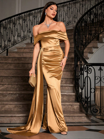 Off Shoulder Satin Bridesmaid Dress With Ruching Detail For Adults