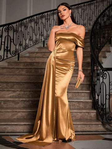 Off Shoulder Satin Bridesmaid Dress With Ruching Detail For Adults