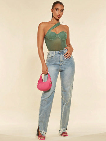 One Shoulder Glitter Bodysuit