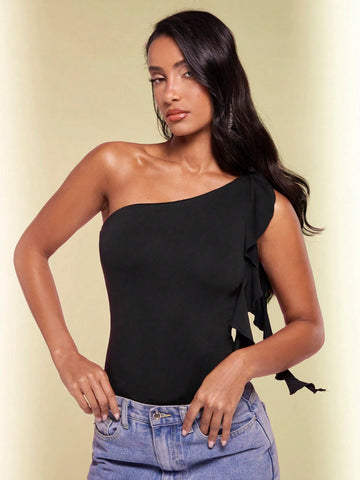 One Shoulder Ruffle Trim Bodysuit
