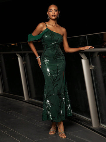 One Shoulder Sequin Bridesmaid Formal Maxi Dress
