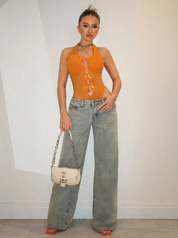 Orange High Elasticity Tight Mesh See-Through Sexy Nightclub Party Bodysuit, Y2K Music Festival Outfit With Bowknots, Lace & See-Through Cutouts