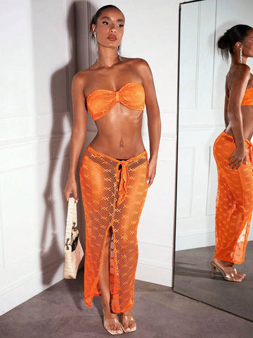 Orange Mesh Knit Hollow Out Perspective Vacation Beach Party Bandeau Bikini Top, Tie Front Cover Up And Skirt Set