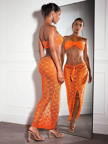 Orange Mesh Knit Hollow Out Perspective Vacation Beach Party Bandeau Bikini Top, Tie Front Cover Up And Skirt Set