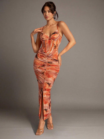 BAE Orange Soft Focus Floral Gathered Slit Mesh Bodycon Long Women's Skirt