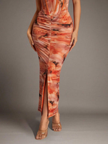 BAE Orange Soft Focus Floral Gathered Slit Mesh Bodycon Long Women's Skirt