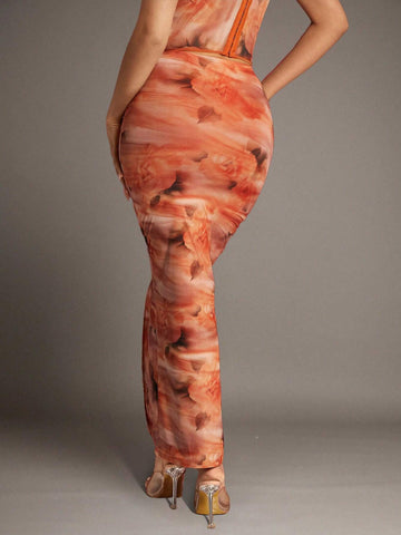 BAE Orange Soft Focus Floral Gathered Slit Mesh Bodycon Long Women's Skirt
