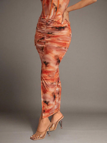 BAE Orange Soft Focus Floral Gathered Slit Mesh Bodycon Long Women's Skirt