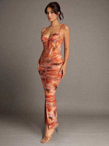 BAE Orange Soft Focus Floral Gathered Slit Mesh Bodycon Long Women's Skirt