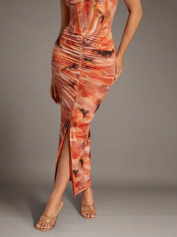 BAE Orange Soft Focus Floral Gathered Slit Mesh Bodycon Long Women's Skirt