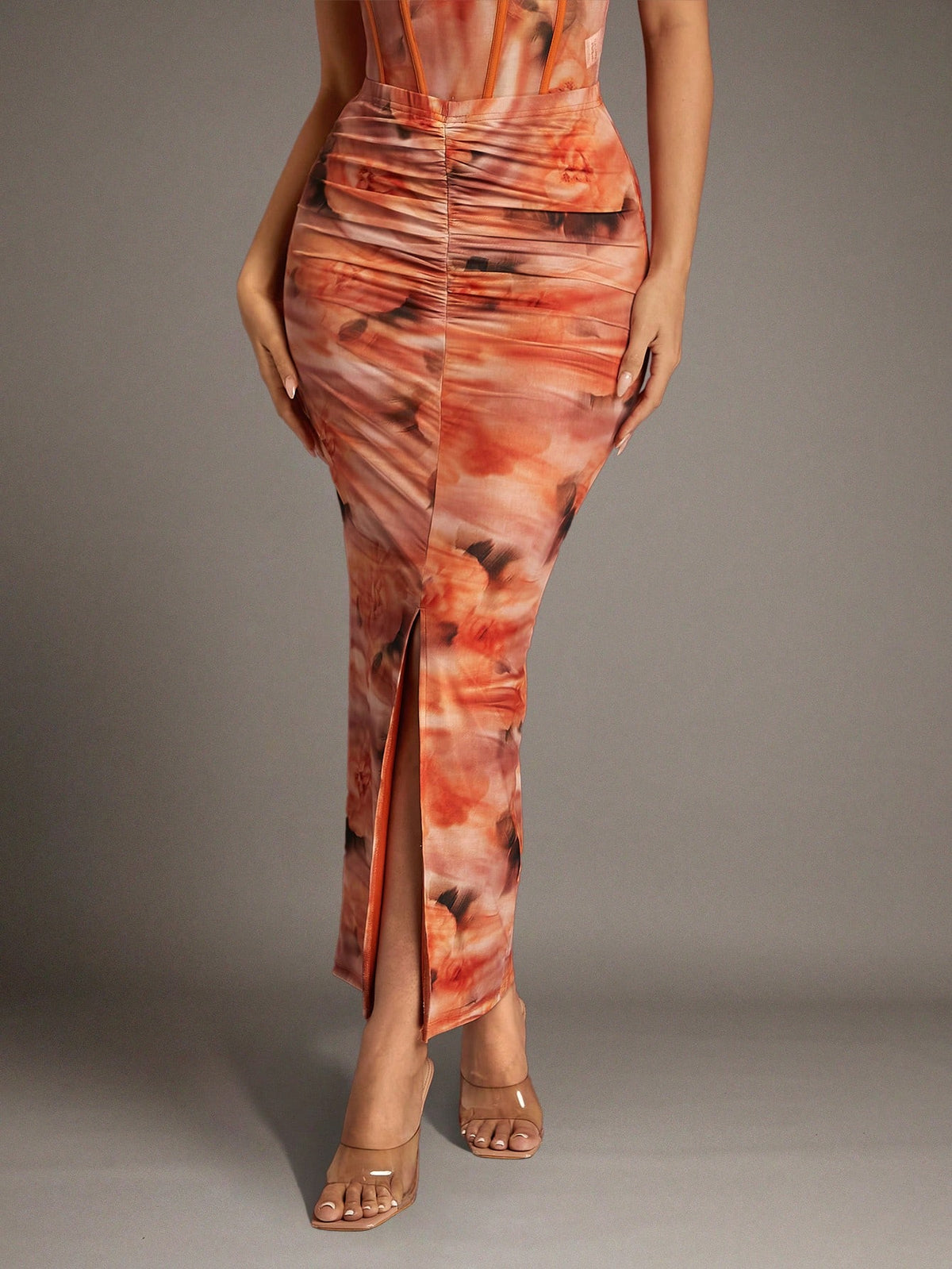 BAE Orange Soft Focus Floral Gathered Slit Mesh Bodycon Long Women's Skirt