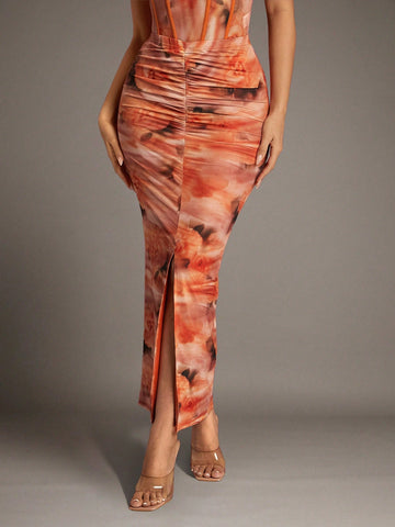 BAE Orange Soft Focus Floral Gathered Slit Mesh Bodycon Long Women's Skirt