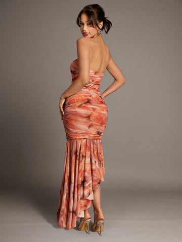 BAE Orange Soft Focus Pattern Floral Asymmetrical Ruffled Ribbon Spring And Summer Mesh Pleated Tube Top Strapless Sexy Women's Dress