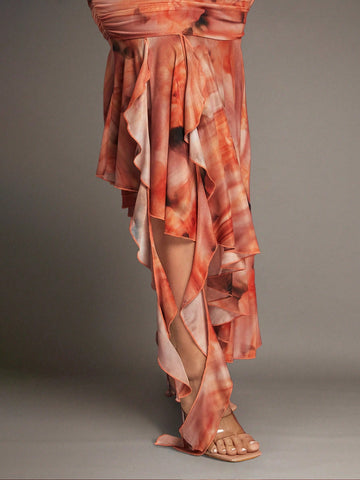 BAE Orange Soft Focus Pattern Floral Asymmetrical Ruffled Ribbon Spring And Summer Mesh Pleated Tube Top Strapless Sexy Women's Dress