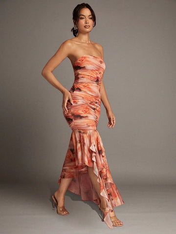 BAE Orange Soft Focus Pattern Floral Asymmetrical Ruffled Ribbon Spring And Summer Mesh Pleated Tube Top Strapless Sexy Women's Dress