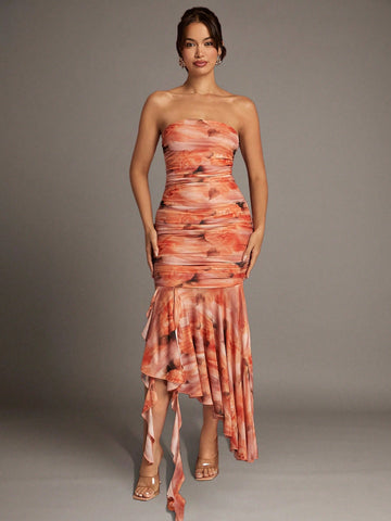 BAE Orange Soft Focus Pattern Floral Asymmetrical Ruffled Ribbon Spring And Summer Mesh Pleated Tube Top Strapless Sexy Women's Dress