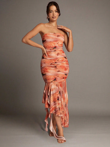 BAE Orange Soft Focus Pattern Floral Asymmetrical Ruffled Ribbon Spring And Summer Mesh Pleated Tube Top Strapless Sexy Women's Dress