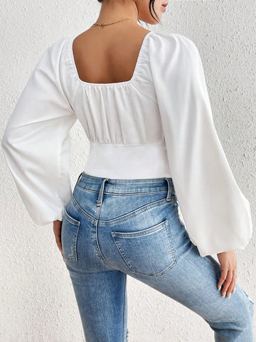 Pleated Chest Lantern Sleeve Bodysuit
