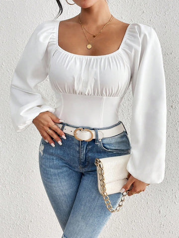 Pleated Chest Lantern Sleeve Bodysuit
