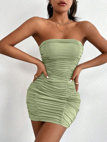 Pleated Peach Strapless Dress