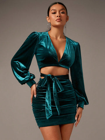 Plunging Neck Lantern Sleeve Crop Velvet Top & Knot Front Bodycon Skirt