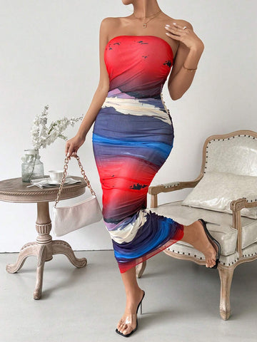 Printed Strapless Net Yarn Sexy Bodycon Dress
