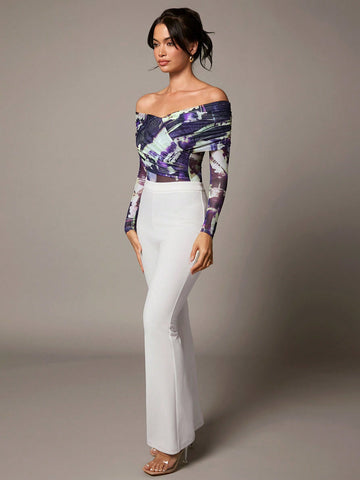Purple Abstract Print Overlapping Bateau Neck Long Sleeve Mesh Pleated Women's Jumpsuit