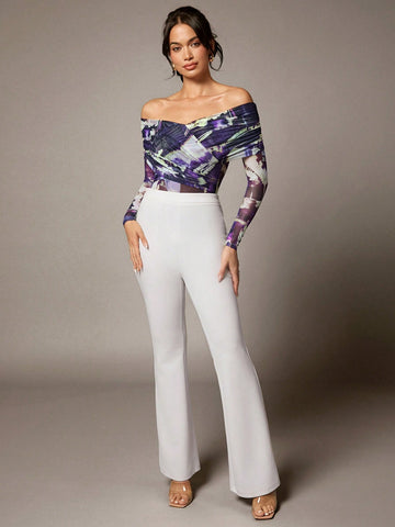 Purple Abstract Print Overlapping Bateau Neck Long Sleeve Mesh Pleated Women's Jumpsuit