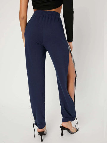 BAE Rhinestone Beaded Split Side Drawstring Hem Sweatpants