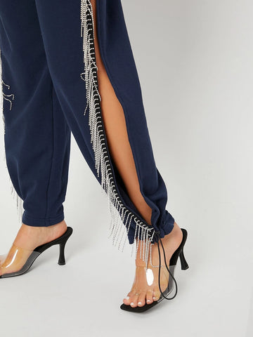 BAE Rhinestone Beaded Split Side Drawstring Hem Sweatpants