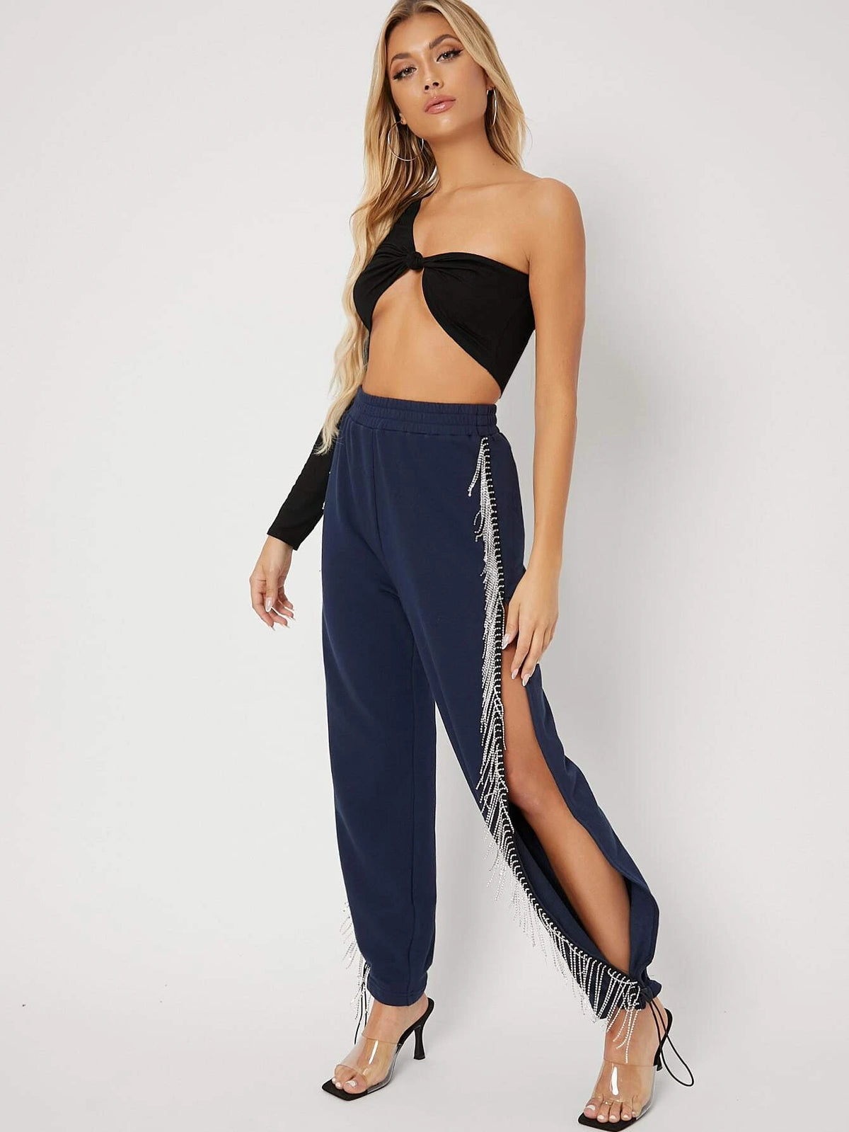 BAE Rhinestone Beaded Split Side Drawstring Hem Sweatpants