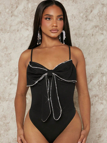 Rhinestone Bow Front Cami Bodysuit
