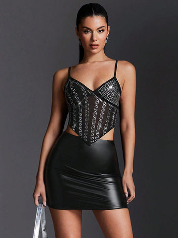 Rhinestone Decor Cami Top And Pu Skirt Set